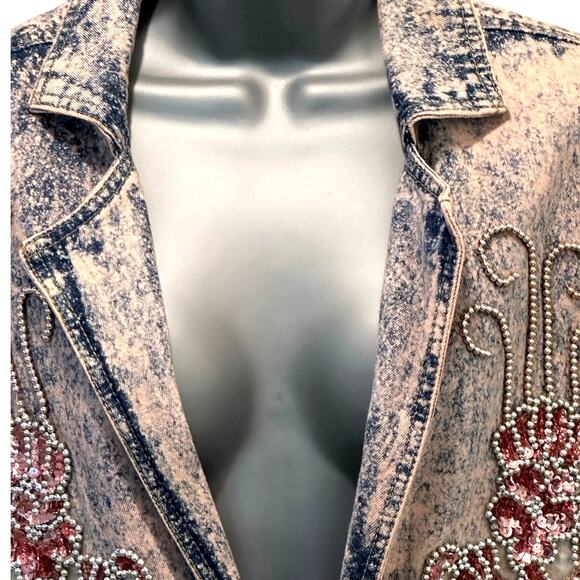 Designs USA Vintage Acid Washed Long Embellished Bejeweled Pink Denim Duster - Picture 7 of 16